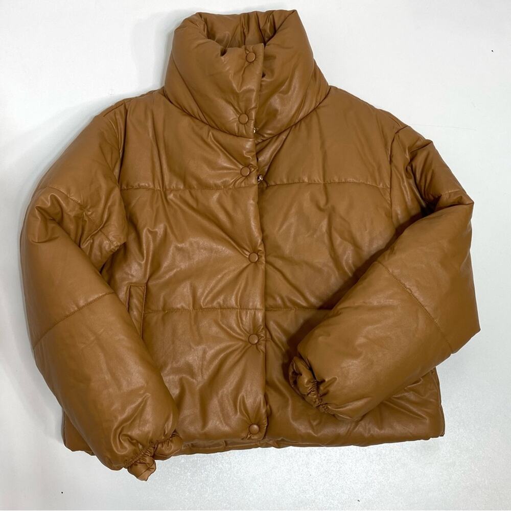 Lioness Small Talk Faux Leather Puffer Coat Funnel Neck Camel XXS